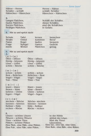 Hähne - Henne
Schäfer - schläft
Hähnchen - Hännchen
Henne - Hähne
schläft- Schäfer
Hännchen - Hähnchen
Lerne Lesen!
B.
Langes Fädchen,
faules Mädchen.
Kurzes Fädchen,
fleißiges Mädchen.
Schläft der Schäfer,
dieser Schläfer,
sind die Schäfchen
in Gefahr.
8. Hör zu und sprich nach!
Schule Tafel lernen besuchen
Straße Onkel kommen Beruf
Name Regel laufen bequem
Frage Spiegel Garten Gesicht
müde Winkel Mädchen genug
9. Hör zu und sprich nach!
A.
( e: } - ( 0:)
Öfen - öffnen
König - können
Löwe - Löffel
schön - Stöcke
Öfen - öffnen
König - können
Löwe - Löffel
schön - Stöcke
( o: ) - ( 0: )
schon - schön
Brot - Brötchen
Vogel - Vögel
Ton - Töne
( e: ) - ( : )
lesen - lösen
Besen - böse
kehren - Chöre
fegen - Vögel
( e ) - ( o e )
stecken - Stöcke
kennen - können
Kellner - Köln
recken - Röcke
schön - schon
Brötchen - Brot
Vögel - Vogel
Töne - Ton
lösen - lesen
böse - Besen
Chöre - kehren
Vögel - fegen
Stöcke- stecken
können - kennen
Köln - Kellner
Röcke - recken
B.
Löwen - schöne Löwen
Möwen - schöne Möwen
Töne - schöne Töne
Flöten - schöne Flöten
Eine Moh-, eine Mäh-, eine Möhre.
Eine Foh , eine Fäh-, eine Föhre.
In der Höhle
stöhnt der Löwe.
Hört die Töne!
Löwentöne.
Eine Go-, eine Gä-, eine Göre.
Eine Roh-, eine Räh-, eine Röhre.
223
 