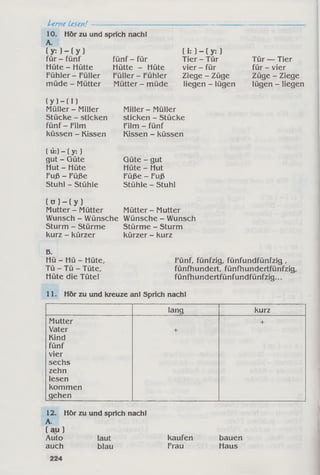 10. Hör zu und sprich nach!
A.
( y: ) - ( y )
für - fünf
Hüte - Hütte
Fühler - Füller
müde - Mütter
Lerne Lesen! -----
fünf - für
Hütte - Hüte
Füller - Fühler
Mütter - müde
( i: ) - ( y: )
Tier - Tür
vier - für
Ziege - Züge
liegen - lügen
Tür — Tier
für - vier
Züge - Ziege
lügen - liegen
( y ) - ( I )
Müller - Miller
Stücke - sticken
fünf - Film
küssen - Kissen
Miller - Müller
sticken - Stücke
Film - fünf
Kissen - küssen
( ü:) - ( y: )
gut - Güte
Hut - Hüte
Fuß - Füße
Stuhl - Stühle
Güte - gut
Hüte - Hut
Füße - Fuß
Stühle - Stuhl
( o ) - ( y )
Mutter - Mütter Mütter - Mutter
Wunsch - Wünsche Wünsche - Wunsch
Sturm - Stürme Stürme - Sturm
kurz - kürzer kürzer - kurz
B.
Hü - Hü - Hüte, Fünf, fünfzig, fünfundfünfzig ,
Tü - Tü - Tüte, fünfhundert, fünfhundertfünfzig,
Hüte die Tüte! fünfhundertfünfundfünfzig...
11. Hör zu und kreuze an! Sprich nach!
lang kurz
Mutter +
Vater +
Kind
fünf
vier
sechs
zehn
lesen
kommen
gehen
12. Hör zu und sprich nach!
A.
( a u )
Auto laut kaufen bauen
auch blau Frau Haus
 