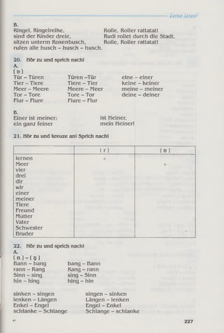 t^erne Lesen!
B.
Ringel, Ringelreihe,
sind der Kinder dreie,
sitzen unterm Rosenbusch,
rufen alle husch - husch - husch.
Rolle, Roller rattatat!
Rudi rollet durch die Stadt.
Rolle, Roller rattatat!
20. Hör zu und sprich nachl
A.
(D )
Tür - Türen
Tier - Tiere
Meer - Meere
Tor - Tore
Flur - Flure
Türen -Tür
Tiere - Tier
Meere - Meer
Tore - Tor
Flure - Flur
eine - einer
keine - keiner
meine - meiner
deine - deiner
B.
Einer ist meiner;
ein ganz feiner
ist Heiner,
mein Heiner!
21. Hör zu und kreuze an! Sprich nach!
( r) (D )
lernen +
Meer +
vier
drei
dir
wir
einer
meiner
Tiere
Freund
Mutter
Vater
Schwester
Bruder
22. Hör zu und sprich nach!
A.
( n ) - ( r ) )
Bann - bang
rann - Rang
Sinn - sing
hin - hing
bang - Bann
Rang - rann
sing - Sinn
hing - hin
sinken - singen
lenken - Längen
Enkel - Engel
schlanke - Schlange
singen - sinken
Längen - lenken
Engel - Enkel
Schlange - schlanke
8* 227
 