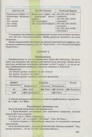 Grammatik
Від 2 до 19 Від 20 і більше Особливі форми
Додається суфікс —t і
відповідне закінчен­
ня:
der zweite,
das dritte,
die fünfte
Додається суфікс -st
і відповідне закін­
чення:
die zwanzigste
das vierunddreißigste
der/die/das erste
( перший)
der/die/das dritte
( третій)
der/die/das siebte
( сьомий)
der/die/das achte
( восьмий)
У складних числівниках відмінюється тільки їхня остання частина:
der/die/das einundzwanzigste. Вибір артикля залежить від роду
іменника.
Якщо порядковий числівник на письмі позначається цифрою, піс­
ля нього ставиться крапка: der2 1.Septem ber- dereinundzwanzigste
September.
LEKTION 2
Прийменники
Прийменники in, an, auf вимагають Dativ або Akkusativ. Це зале­
жить від питання, яке можна поставити після дієслова. Якщо після
дієслова необхідно поставити питання wohin? (куди?), то після да­
них прийменників необхідно вживати іменник в Akkusativ.
Наприклад,
Die Kindergehen (wohin?) in die Schule.
Sie laufen (wohin?) ins Kino.
Die Kindergehen (wohin?) aufden Sportplatz.
Wohin?
(+ Akkusativ)
Singular Plural
Maskulinum Neutrum Femininum
in den Park das Kino die Schule die Konzerte
auf den Sportplatz die Party
У деяких випадках відбувається злиття прийменника з артиклем:
in + das = ins Kino
Безособовий займенник «es»
Безособовий займенник «es» вживається
- з безособовими дієсловами, які означають природні, погодні
явища або стан людини:
Es friert mich. ( Мене морозить.)
Regnet es? - Ja, es regnet. ( Іде дощ? - Так, іде дощ.)
—в якості підмета у безособових зворотах зі складеним іменним
присудком:
Ist esim Herbstkalt?-Ja, es istim Herbstkalt. ( Восени холодно? - Так,
восени холодно.) Es ist 10 Uhr. (Десята година.)
237
 