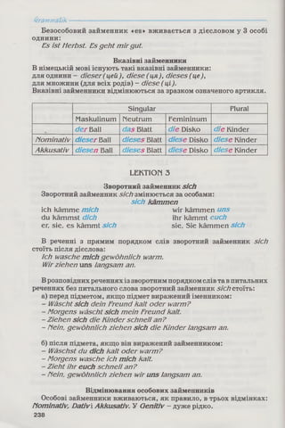 Grammatik
Безособовий займенник «es» вживається з дієсловом у 3 особі
однини:
Es ist Herbst. Es geht m ir gut.
Вказівні займенники
В німецькій мові існують такі вказівні займенники:
для однини - dieser( цей), diese ( ця), dieses ( це),
для множини (для всіх родів) - diese ( ці).
Вказівні займенники відмінюються за зразком означеного артикля.
Singular Plural
Maskulinum Neutrum Femininum
der Ball das Blatt die Disko die Kinder
Пот іnativ dieser Ball dieses Blatt diese Disko diese Kinder
Akkusativ diesen Ball dieses Blatt diese Disko diese Kinder
LEKTION З
Зворотний займенник sich
Зворотний займенник sich змінюється за особами:
sich kämmen
ich kämme m ich wir kämmen uns
du kämmst dich ihr kämmt euch
er, sie, es kämmt sich sie, Sie kämmen sich
В реченні з прямим порядком слів зворотний займенник sich
стоїть після дієслова:
Ich wasche michgewöhnlich warm.
Wirziehen uns langsam an.
В розповідних реченнях із зворотним порядком слів та впитальних
реченнях без питального слова зворотний займенник sich стоїть:
а) перед підметом, якщо підмет виражений іменником:
- Wäscht sich dein Freund kalt oder warm?
- Morgens wäscht sich m ein Freund kalt.
- Ziehen sich die Kinder schnell an?
- Пеіп, gewöhnlich ziehen sich die Kinder langsam an.
б) після підмета, якщо він виражений займенником:
- Wäschst du dich kalt oder warm?
- Morgens wasche ich mich kalt.
- Zieht ihr euch schnell an?
- Гіеіп, gewöhnlich ziehen wir uns langsam an.
Відмінювання особових займенників
Особові займенники вживаються, як правило, в трьох відмінках:
Nominativ, Dativі Akkusativ. У Qenitiv - дуже рідко.
238
 