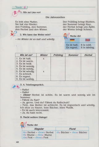 Stunde 6 f~
A .
$
Hör zu! Lies vor!
Die Jahreszeiten
Es lebt eine Mutter,
Sie hat vier Kinder:
den Frühling, den Sommer,
den Herbst und den Winter.
I M )
2. Wie kann das Wetter sein?
- Im Winterist es kalt und windig.
Der Frühling bringt Blumen,
der Sommer bringt Klee,
der Herbst bringt uns Äpfel,
der Winter bringt Schnee.
Merke dir!
■Kiss«
taiüü
Es ist kalt.
Es regnet.
It is cold.
It is raining.
Wie ist es? W inter Frühling Som m er Herbst
1. Es ist kalt.
2. Es ist warm.
3. Es ist heiß.
4. Es ist sonnig.
5. Es ist neblig.
6. Es ist windig.
7. Es schneit.
8. Es regnet.
9. Es ist wolkig.
X
X
3. A. Telefongespräch.
Hallo!
- Hallo!
- D ieser Herbst ist schön. Es ist warm und sonnig wie im
Sommer.
- Fährst du Rad?
- Ja, gerne. Und du? Fährst du Rollschuh?
- Nein, das Wetter ist schlecht. Es ist regnerisch und windig.
Ich sitze zu Hause, lese Bücher, höre Musik.
- Es ist auch interessant.
- Ja, du hast recht.
B. Macht weitere Dialoge!
M l Merke dir!
Singular Plural
der Herbst - dieser Herbst
die Blume - diese Blume
das Fest - dieses Fest
die Bücher - diese Bücher
42
 