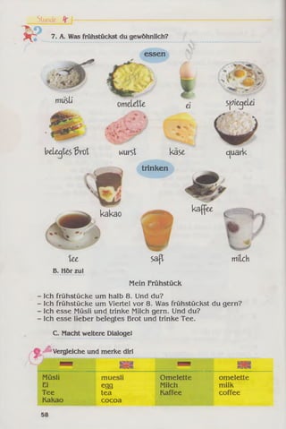 ч
Stunde fr
7. A. Was frühstückst du gewöhnlich?
essen
mus^ Omelette ei Spiegelei
Ш . '
belegtes ^rot
f
4
wurst käse
trinken
какао
cjuark
kaffee
tee
B. Hör zu!
53(1
Mein Frühstück
milch
Ich frühstücke um halb 8. Und du?
Ich frühstücke um Viertel vor 8. Was frühstückst du gern?
Ich esse Müsli und trinke Milch gern. Und du?
Ich esse lieber belegtes Brot und trinke Tee.
C. Macht weitere DialogeI
f t "
Vergleiche und merke dir!
a m wmsm *
KUKSt
183UM
Müsli muesli Omelette omelette
Ei egg Milch milk
Tee
Kakao
tea
cocoa
Kaffee coffee
58
 