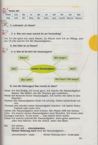 от.
Dat. mir
du
dir
er
ihm
sie
ihr
es
ihm
wir
uns
ihr
euch
sie
ihnen
Sie
Ihnen
2. Lottospiel „Zu Hause".
3. A. Was und wann machst du am Nachmittag?
Um 14 Uhr gehe ich nach Hause. Zu Hause esse ich zu Mittag, und
um 15 Uhr mache ich die Hausaufgaben...
B. Wie hilfst du zu Hause?
4. A. Was ist für dich die Hausaufgabe?
Wo?
B. Lies die MeinungenI Was meinst du dazu?
Anna: Ich bin fleißig. Ich lerne gern. Ich mache die Hausaufgaben
immer. Sie helfen mir die Themen gut verstehen.
Maria: Ich brauche keine Hausaufgabe. Ich merke mir alles in den
Stunden.
Markus: Die Hausaufgaben finde ich wichtig. Dabei wiederhole ich '
viel.
Thomas: Ich möchte keine Hausaufgabe machen. Ich spiele lieber
Fußball oder sehe fern.
Katrin: Die Hausaufgaben sind schwer. Die Mutter hilft mir immer.
Otto: Ich mache meine Hausaufgaben zwei Stunden. Ich muss viele
Übungen machen, Texte lesen ... Das macht mich müde.
Klaus: Ich mache schnell die Hausaufgaben, dann gehe spazieren
oder lese Bücher. Erst die Arbeit, dann das Spiel.
Du: Ich meine...
Ich bin m it... einverstanden.
Meiner Meinung nach sind die Hausaufgaben...
einverstanden - згоден Meiner Meinung nach - намоюдумку
61
 