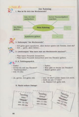 Stunde &
Der Ruhetag
1. Was ist für dich das Wochenende?
Um 10 Uhr
aufstehen
Keine Hausaufgaben
machen
ins Kino
gehen
2. Kettenspiel "Am Wochenende".
- Ich gehe gern spazieren, aber lieber spiele ich Tennis. Und du?
- Ich ... gern, aber lieber...
3. Lawinenspiel "Was kann man am Wochenende machen?'.
- Man kann Freunde besuchen.
- Man Kann Freunde besuchen und ins Theater gehen.
4. A. Telefongespräch.
- Hallo!
- Gehst du mit ins Theater?
- "Aschenputtel".
-U m 14 Uhr.
- Hallo!
- Was gibt es heute im Theater?
- Wann gehen wir?
- Ja, gerne. Ich gehe mit.
B. Macht weitere Dialogel
- Um 14 Uhr? Leider Kann ich nicht.
- Geht es um 17 Uhr?
- Ja, Klasse! Ich gehe mit.
 