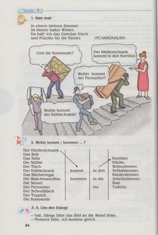 Und die Kommode?
Wohin kommt
der Fernseher?
Wohin kommt
der Kühlschrank?
1. Rate mall
ln einem kleinen Zimmer
ist immer kalter Winter.
Da halt' ich das Gemüse frisch
und Früchte für die Kinder. (MCAKRÜKHLSH)
Stunde f r f----------------------------------------------------------------------------------------------
Der Kleiderschrank
kommt in den Korridor.
2. Wohin kommt / kommen ... ?
Der Kleiderschrank
Das Bett
Das Sofa
Die Stühle
Der Tisch
Der Kühlschrank
Das Bücherregal
Die Waschmaschine
Die Sessel
Der Fernseher
Der Schreibtisch
Der Teppich
Die Kommode
kommt in den
kommen in die
ins
Korridor.
Küche.
Wohnzimmer.
Schlafzimmer.
Kinderzimmer.
Arbeitszimmer.
Bad.
Toilette.
3. A. Lies den Dialog!
- Vati, hänge bitte das Bild an die Wand links.
- Moment bitte, ich komme gleich.
84
 