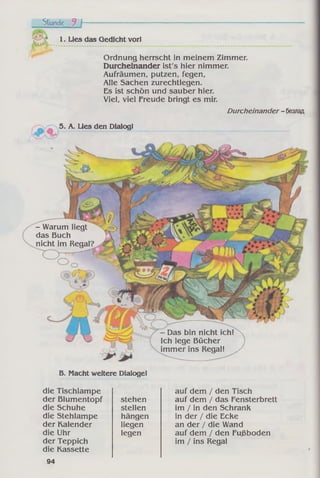 - Warum liegt
das Buch
nicht im Regal?
- Das bin nicht ich!
Ich lege Bücher
immer ins Regal!
1. Lies das Gedieht vor!
Stunde 7 I----------------------------------
Ordnung herrscht in meinem Zimmer.
Durcheinander ist's hier nimmer.
Aufräumen, putzen, fegen,
Alle Sachen zurechtlegen.
Es ist schön und sauber hier.
Viel, viel Freude bringt es mir.
Durcheinander- безлад
5. A. Lies den Dialog!
B. Macht weitere Dialoge!
die Tischlampe
der Blumentopf
die Schuhe
die Stehlampe
der Kalender
die Uhr
der Teppich
die Kassette
stehen
stellen
hängen
liegen
legen
auf dem / den Tisch
auf dem / das Fensterbrett
im / in den Schrank
in der / die Ecke
an der / die Wand
auf dem / den Fußboden
im / ins Regal
94
 