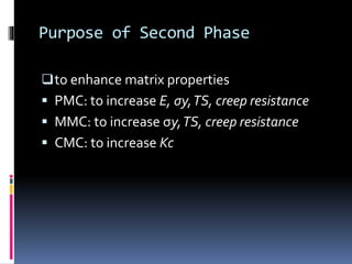 Purpose of Second Phase
to enhance matrix properties
 PMC: to increase E, σy,TS, creep resistance
 MMC: to increase σy,TS, creep resistance
 CMC: to increase Kc
 
