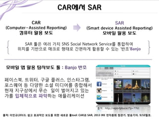 출처 : http://reportplus.kr/?p=7761
출처: 이민규(2013). 쉽고 효과적인 보도를 위한 새로운 툴tool: CAR과 SAR, 2013 IRE 연차총회 참관기. 방송기자. 9/10월호.

 