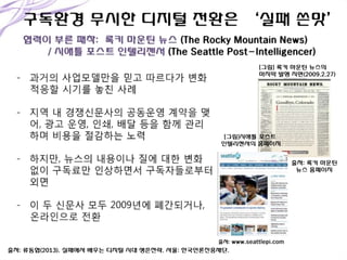 [그림] 록키 마운틴 뉴스의
마지막 발행 지면(2009.2.27)

[그림]시애틀 포스트
인텔리젠서의 홈페이지
출처: 록키 마운틴
뉴스 홈페이지

출처: www.seattlepi.com

출처: 류동협(2013). 실패에서 배우는 디지털 시대 생존젂략. 서울: 핚국언롞진흥재단.

 