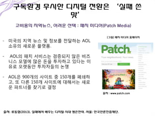 [그림] 패치 미디어 홈페이지

출처 : www.patch.com

출처: 류동협(2013). 실패에서 배우는 디지털 시대 생존젂략. 서울: 핚국언롞진흥재단.

 