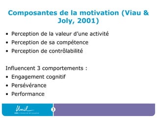 Composantes de la motivation (Viau &
Joly, 2001)
• Perception de la valeur d’une activité
• Perception de sa compétence
• Perception de contrôlabilité
Influencent 3 comportements :
• Engagement cognitif
• Persévérance
• Performance
3

 