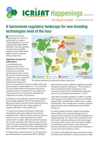 NewsletterHappenings
In-house version 6 November 2020, No.1879
A harmonized regulatory landscape for new breeding
technologies need of the hour
Researchers and policy
specialists from across the
world called for a uniform
enabling regulation to use new
breeding technologies (NBTs)
effectively. They were speaking
during the fourth and fifth
webinars of One CGIAR Global
Webinar Series on Genome
Editing in Agriculture.
Regulation and genome-
edited plants
Dr Donald Mackenzie,
Executive Director at the
Institute for International Crop
Improvement at Donald
Danforth Plant Science Center,
US, said that all plant breeding
methods can cause unintended
effects, some with a higher
likelihood than others, but
there is no hazard that is unique to methods that move
genes between unrelated organisms. “The assessment
of risks should be based on the product and not the
method by which it is produced,” he said, adding that
Canada was the first country where regulation was
triggered by the nature of the product.
Dr Mackenzie also briefly discussed the new changes to
biotechnology regulation that the US Department of
Agriculture’s Animal and Plant Health Inspection Service
(APHIS) introduced this year. These changes are
popularly referred to as the SECURE rule.
“It makes three important exemptions. Specifically
exempted are those gene-edited products that are
categorized SDN 1, SDN 2 and those with genes that are
known to occur in a plant’s genepool or an allele
replacement,” he added. SDNs (site-directed nucleases)
are enzymes that cleave DNA. They have also lent their
name to the three broad types of gene-editing processes.
SDN 1 and SDN 2 edits do not involve foreign DNA while
SDN 3 edits involve addition of new genetic material.
Dr Hugo Campos, Research Director at CIP, argued that
gene-editing products produced by SDN 1 and SDN 2
edits should not require additional regulatory oversight
compared to regular breeding lines. “The mutations in
them are identical to either naturally occurring
mutations or those that are produced by mutagenesis
and are not novel genetic combinations,” he said.
“Only SDN 3 should be regulated as a GMO,” he added
while showing a list of about 10 countries that already
regulate SDN 1 and SDN 2 gene-edited crops as regular
breeding lines. The European Union, however, regulates
all gene-edited crops as GMOs (Genetically Modified
Organisms).
Dr Judith Chambers, Director, Program for Biosafety
Systems (PBS), IFPRI, presented findings from the
program’s recent study that analyzed the global genome
editing landscape. The exercise had revealed that much
of the work in genome editing was still in early stages.
The private sector is active and is sharing technologies
for public good, and the work in crops, with great
diversity, dominates the scene while work in livestock is
mainly in the realm of disease control.
The analysis of biosafety laws across countries revealed
the differences in definitions of what constitutes a GMO.
The evolving landscape around genome editing in agriculture.
Image courtesy: Schmidt et al.
in EMBO reports.
 