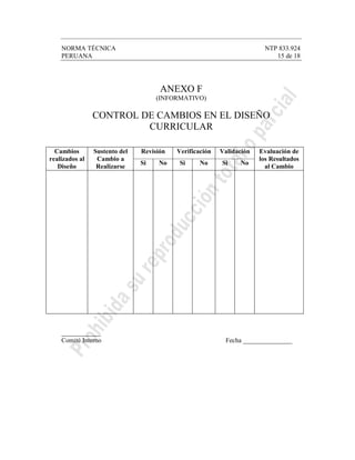 NORMA TÉCNICA NTP 833.924
PERUANA 15 de 18
ANEXO F
(INFORMATIVO)
CONTROL DE CAMBIOS EN EL DISEÑO
CURRICULAR
Revisión Verificación ValidaciónCambios
realizados al
Diseño
Sustento del
Cambio a
Realizarse
Si No Si No Si No
Evaluación de
los Resultados
al Cambio
____________
Comité Interno Fecha _______________
 