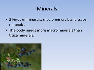Minerals2 kinds of minerals: macro minerals and trace minerals.The body needs more macro minerals then trace minerals.