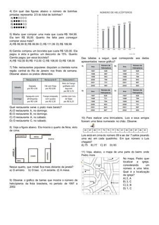 4) Em qual das figuras abaixo o número de bolinhas
pintadas representa 2/3 do total de bolinhas?
5) Marta quer comprar uma mala que custa R$ 184,99.
Ela tem R$ 95,00. Quanto lhe falta para conseguir
comprar essa mala?
A) R$ 89,99 B) R$ 99,99 C) R$ 111,99 D) R$ 189,99
6) Camila comprou um bicicleta que custa R$ 120,00. Ela
pagou à vista e ganhou um desconto de 15%. Quanto
Camila pagou por essa bicicleta?
A) R$ 102,00 B) R$ 112,00 C) R$ 108,00 D) R$ 138,00
7) Três restaurantes populares disputam a clientela numa
região central do Rio de Janeiro nos finais de semana.
Observe abaixo os pratos oferecidos.
Qual restaurante serve o prato mais barato?
A) O restaurante A, no domingo.
B) O restaurante B, no domingo.
C) O restaurante A, no sábado.
D) O restaurante C, no sábado.
8) Veja a figura abaixo. Ela mostra o quarto de Nina, visto
de cima.
Nesse quarto, que móvel fica mais distante da janela?
a) O armário. b) O baú. c) A estante. d) A mesa.
9) Observe o gráfico de barras que mostra o número de
helicópteros da frota brasileira, no período de 1997 a
2002.
Das tabelas a seguir, qual corresponde aos dados
apresentados nesse gráfico?
10) Para realizar uma brincadeira, Luis e seus amigos
fizeram uma faixa numerada no chão. Observe.
Luis está em cima do número 69 e vai dar 7 saltos pisando
uma vez em cada quadrinho. Em que número o Luis
chegará?
A) 75 B) 77 C) 81 D) 83
11) Veja, abaixo, o mapa de uma parte do bairro onde
Pedro mora
No mapa, Pedro quer
localizar a igreja,
considerando um
número e uma letra.
Qual é a localização
da igreja?
A) 2, A
B) 3, C
C) 2, B
D) 1, C
 