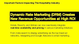 Dynamic Rate Marketing (DRM) Creates !
New Revenue Opportunities at High ROI!
Important Factors Impacting The Hospitality Industry
Hotels, Resorts, and Airlines can now seamlessly integrate "
real-time availability and pricing in various marketing initiatives: "

From meta search to display advertising via the top travel ad
networks, retargeting and Google Adwords to email marketing.

 