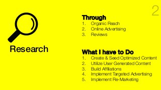 Research!
Through!
1.  Organic Reach
2.  Online Advertising 
3.  Reviews
What I have to Do!
1.  Create & Seed Optimized Content
2.  Utilize User Generated Content
3.  Build Afﬁliations
4.  Implement Targeted Advertising
5.  Implement Re-Marketing
2
 