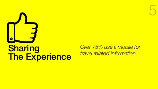 Sharing!
The Experience!
5
Over 75% use a mobile for
travel related information
 