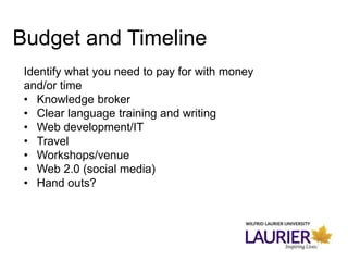 Budget and Timeline
Identify what you need to pay for with money
and/or time
• Knowledge broker
• Clear language training and writing
• Web development/IT
• Travel
• Workshops/venue
• Web 2.0 (social media)
• Hand outs?
 