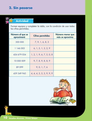 10 Desafíos Alumnos. Primer bloque
2. Sin pasarse
Actividad
Formen equipos y completen la tabla, con la condición de usar todas
las cifras permitidas.
Número al que se
aproximará
Cifras permitidas
Número menor que
más se aproxima
500 000 7, 9, 1, 6, 8, 3
1 146 003 6, 1, 5, 1, 3, 2, 9
426 679 034 1, 2, 1, 9, 6, 7, 5, 0, 8
10 000 009 9, 7, 8, 9, 8, 8, 9
89 099 9, 0, 1, 7, 6
459 549 945 4, 4, 4, 5, 5, 5, 9, 9, 9
 