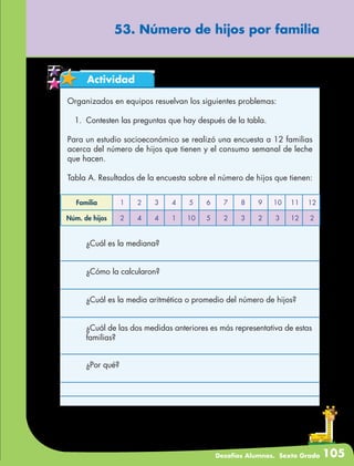 Desafíos Alumnos. Sexto Grado 105
53. Número de hijos por familia
Actividad
Organizados en equipos resuelvan los siguientes problemas:
1.	 Contesten las preguntas que hay después de la tabla.
Para un estudio socioeconómico se realizó una encuesta a 12 familias
acerca del número de hijos que tienen y el consumo semanal de leche
que hacen.
Tabla A. Resultados de la encuesta sobre el número de hijos que tienen:
Familia 1 2 3 4 5 6 7 8 9 10 11 12
Núm. de hijos 2 4 4 1 10 5 2 3 2 3 12 2
	 ¿Cuál es la mediana?
	 ¿Cómo la calcularon?
	 ¿Cuál es la media aritmética o promedio del número de hijos?
	 ¿Cuál de las dos medidas anteriores es más representativa de estas
familias?
	 ¿Por qué?
 