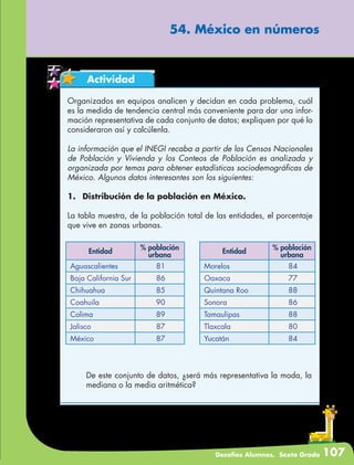 Desafíos Alumnos. Sexto Grado 107
54. México en números
Actividad
Organizados en equipos analicen y decidan en cada problema, cuál
es la medida de tendencia central más conveniente para dar una infor-
mación representativa de cada conjunto de datos; expliquen por qué lo
consideraron así y calcúlenla.
La información que el INEGI recaba a partir de los Censos Nacionales
de Población y Vivienda y los Conteos de Población es analizada y
organizada por temas para obtener estadísticas sociodemográficas de
México. Algunos datos interesantes son los siguientes:
1.	 Distribución de la población en México.
La tabla muestra, de la población total de las entidades, el porcentaje
que vive en zonas urbanas.
Entidad
% población
urbana
Aguascalientes 81
Baja California Sur 86
Chihuahua 85
Coahuila 90
Colima 89
Jalisco 87
México 87
Entidad
% población
urbana
Morelos 84
Oaxaca 77
Quintana Roo 88
Sonora 86
Tamaulipas 88
Tlaxcala 80
Yucatán 84
	 De este conjunto de datos, ¿será más representativa la moda, la
mediana o la media aritmética?
 