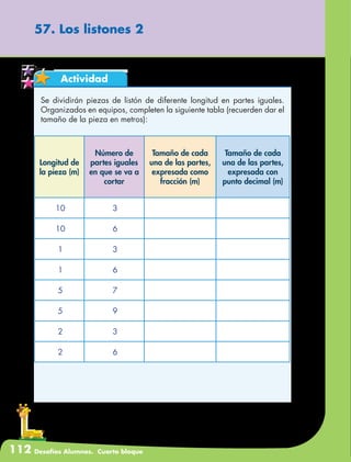 112 Desafíos Alumnos. Cuarto bloque
57. Los listones 2
Actividad
Se dividirán piezas de listón de diferente longitud en partes iguales.
Organizados en equipos, completen la siguiente tabla (recuerden dar el
tamaño de la pieza en metros):
Longitud de
la pieza (m)
Número de
partes iguales
en que se va a
cortar
Tamaño de cada
una de las partes,
expresada como
fracción (m)
Tamaño de cada
una de las partes,
expresada con
punto decimal (m)
10 3
10 6
1 3
1 6
5 7
5 9
2 3
2 6
 