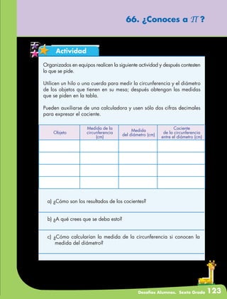 Desafíos Alumnos. Sexto Grado 123
66. ¿Conoces a ∏ ?
Actividad
Organizados en equipos realicen la siguiente actividad y después contesten
lo que se pide.
Utilicen un hilo o una cuerda para medir la circunferencia y el diámetro
de los objetos que tienen en su mesa; después obtengan las medidas
que se piden en la tabla.
Pueden auxiliarse de una calculadora y usen sólo dos cifras decimales
para expresar el cociente.
Objeto
Medida de la
circunferencia
(cm)
Medida
del diámetro (cm)
Cociente
de la circunferencia
entre el diámetro (cm)
a) ¿Cómo son los resultados de los cocientes?
b) ¿A qué crees que se deba esto?
c) ¿Cómo calcularían la medida de la circunferencia si conocen la
medida del diámetro?
 
