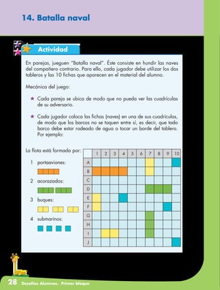 28 Desafíos Alumnos. Primer bloque
14. Batalla naval
Actividad
En parejas, jueguen “Batalla naval”. Éste consiste en hundir las naves
del compañero contrario. Para ello, cada jugador debe utilizar los dos
tableros y las 10 fichas que aparecen en el material del alumno.
Mecánica del juego:
	 Cada pareja se ubica de modo que no pueda ver las cuadrículas
de su adversario.
	 Cada jugador coloca las fichas (naves) en una de sus cuadrículas,
de modo que los barcos no se toquen entre sí, es decir, que todo
barco debe estar rodeado de agua o tocar un borde del tablero.
Por ejemplo:
1 2 3 4 5 6 7 8 9 10
A
B
C
D
E
F
G
H
I
J
La flota está formada por:
1	portaaviones:
2	acorazados:
3	buques:
4	submarinos:
 