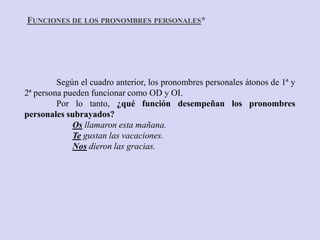 FUNCIONES DE LOS PRONOMBRES PERSONALES*




         Según el cuadro anterior, los pronombres personales átonos de 1ª y
2ª persona pueden funcionar como OD y OI.
         Por lo tanto, ¿qué función desempeñan los pronombres
personales subrayados?
             Os llamaron esta mañana.
             Te gustan las vacaciones.
             Nos dieron las gracias.
 