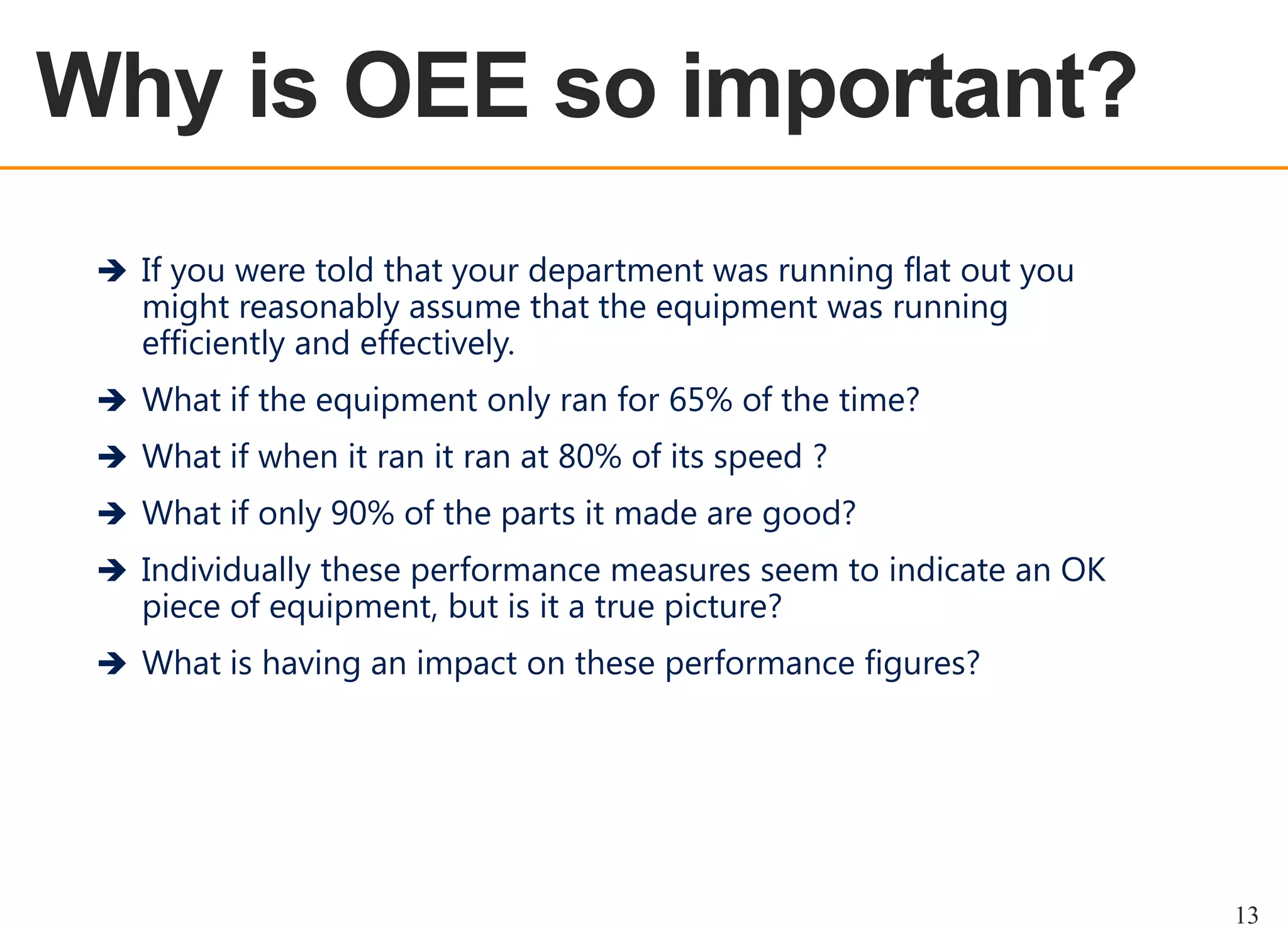 OEE OVERVIEW

Why is OEE so important?
 If you were told that your department was running flat out you

might reasonably assume that the equipment was running
efficiently and effectively.

 What if the equipment only ran for 65% of the time?
 What if when it ran it ran at 80% of its speed ?
 What if only 90% of the parts it made are good?
 Individually these performance measures seem to indicate an OK

piece of equipment, but is it a true picture?

 What is having an impact on these performance figures?

13

 