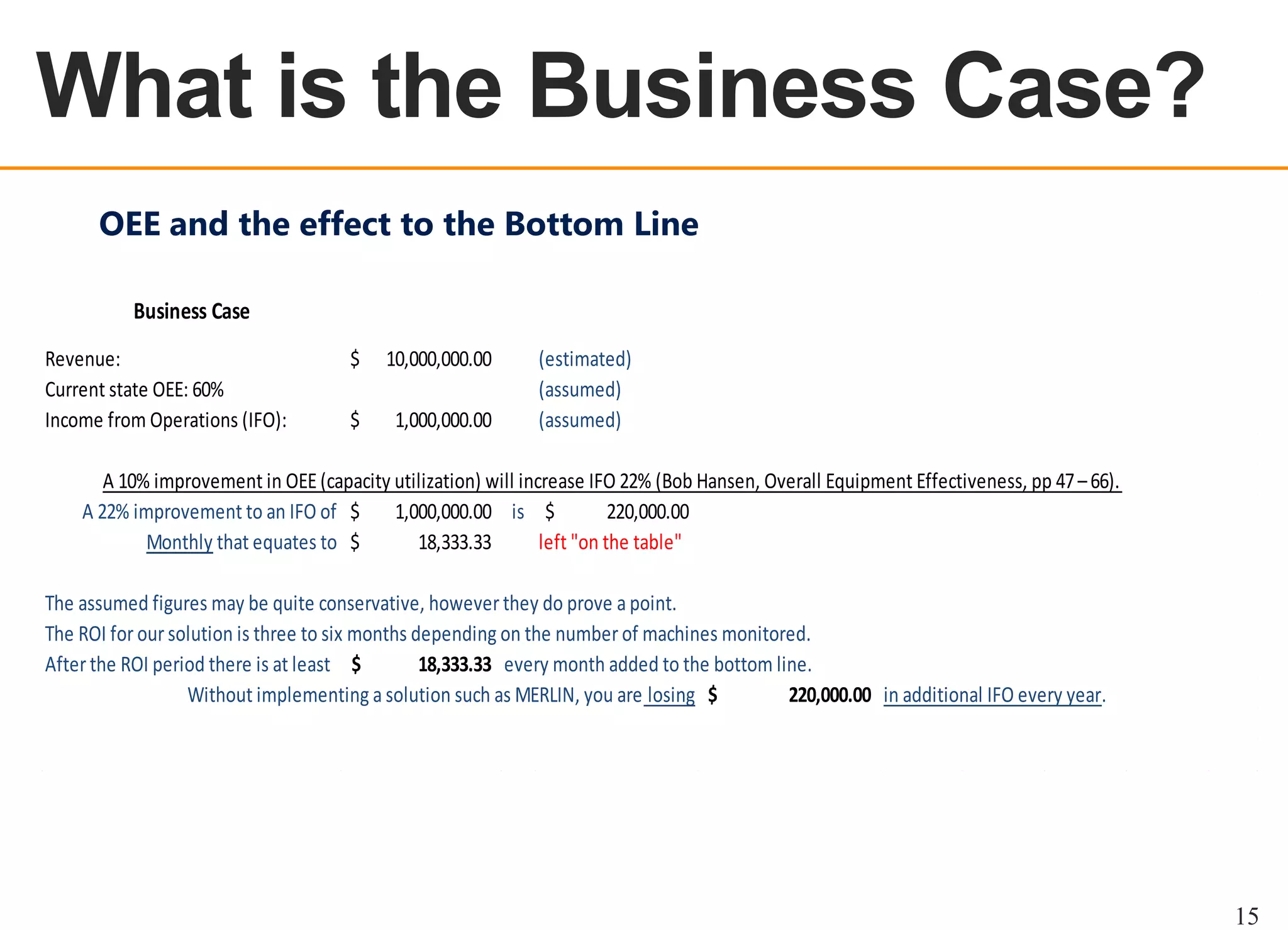 OEE OVERVIEW

What is the Business Case?
OEE and the effect to the Bottom Line
Business Case
Revenue:
Current state OEE: 60%
Income from Operations (IFO):

$

10,000,000.00

$

1,000,000.00

(estimated)
(assumed)
(assumed)

A 10% improvement in OEE (capacity utilization) will increase IFO 22% (Bob Hansen, Overall Equipment Effectiveness, pp 47 – 66).
A 22% improvement to an IFO of $
1,000,000.00 is $
220,000.00
Monthly that equates to $
18,333.33
left "on the table"
The assumed figures may be quite conservative, however they do prove a point.
The ROI for our solution is three to six months depending on the number of machines monitored.
After the ROI period there is at least $
18,333.33 every month added to the bottom line.
Without implementing a solution such as MERLIN, you are losing $
220,000.00 in additional IFO every year.

15

 