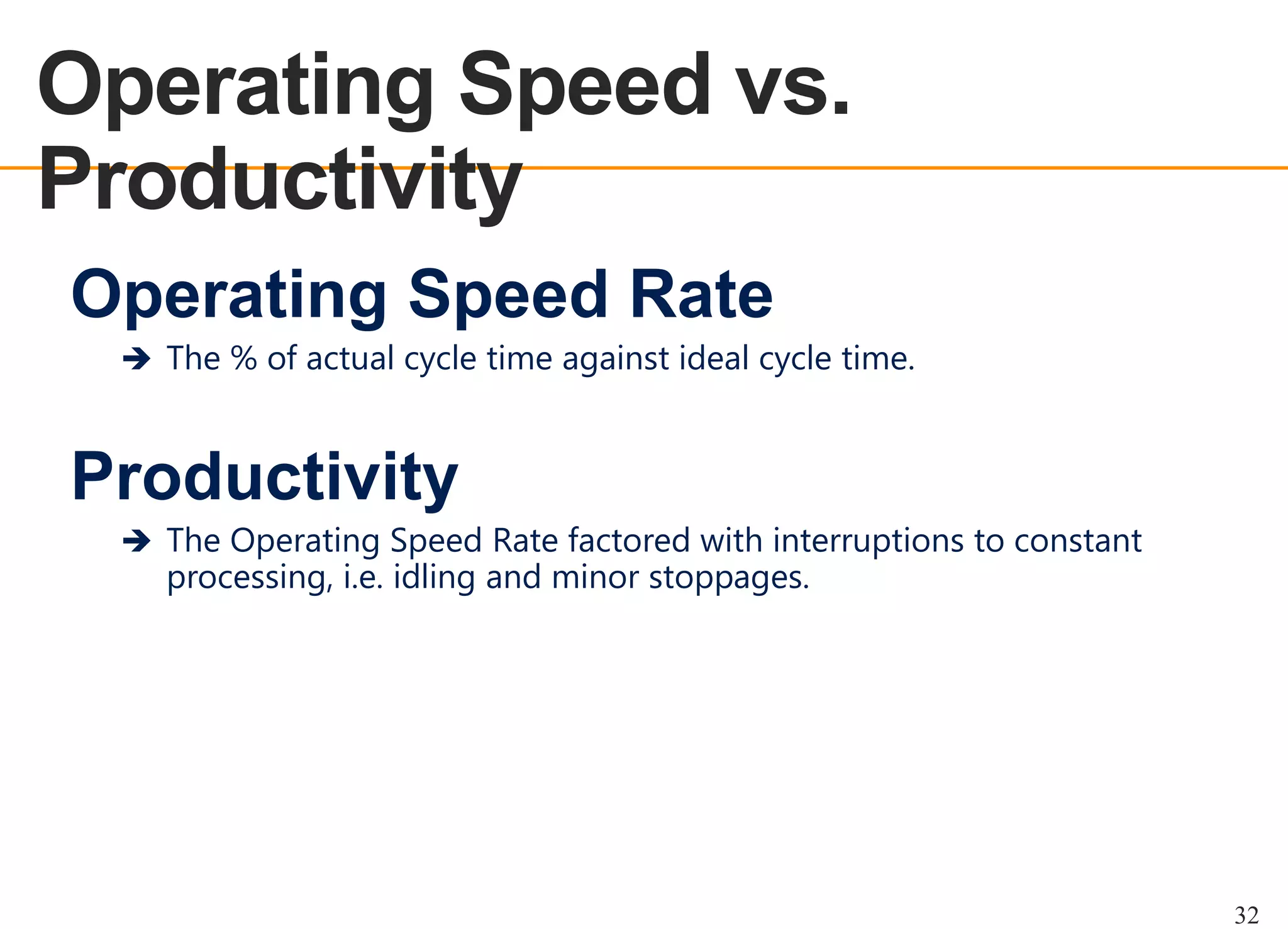 Operating Speed vs.
Productivity
OEE OVERVIEW

Operating Speed Rate
 The % of actual cycle time against ideal cycle time.

Productivity
 The Operating Speed Rate factored with interruptions to constant

processing, i.e. idling and minor stoppages.

32

 