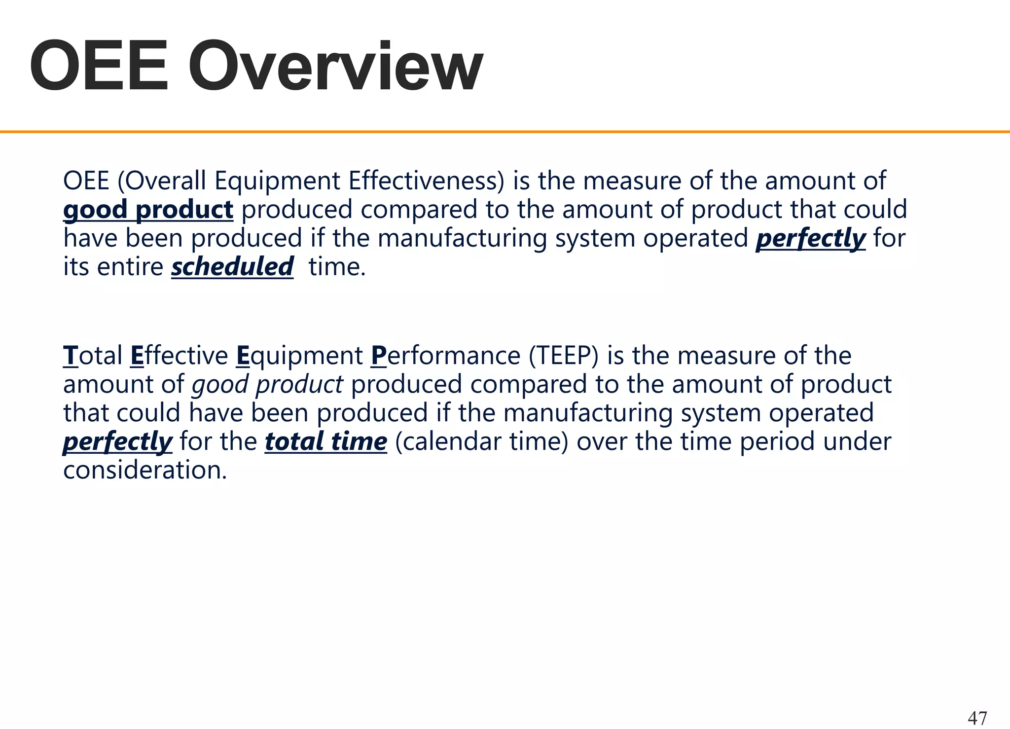 OEE Overview
OEE OVERVIEW

OEE (Overall Equipment Effectiveness) is the measure of the amount of
good product produced compared to the amount of product that could
have been produced if the manufacturing system operated perfectly for
its entire scheduled time.
Total Effective Equipment Performance (TEEP) is the measure of the
amount of good product produced compared to the amount of product
that could have been produced if the manufacturing system operated
perfectly for the total time (calendar time) over the time period under
consideration.

47

 
