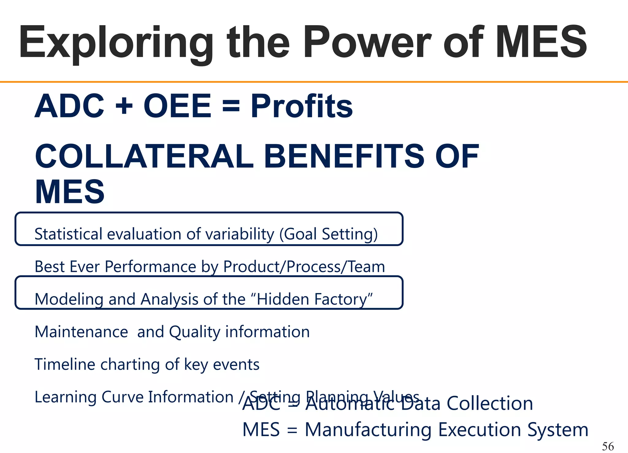 OEE OVERVIEW

ADC + OEE = Profits
COLLATERAL BENEFITS OF
MES
Statistical evaluation of variability (Goal Setting)
Best Ever Performance by Product/Process/Team
Modeling and Analysis of the “Hidden Factory”
Maintenance and Quality information
Timeline charting of key events
Learning Curve Information /ADC = Automatic Data Collection
Setting Planning Values

MES = Manufacturing Execution System
56

 
