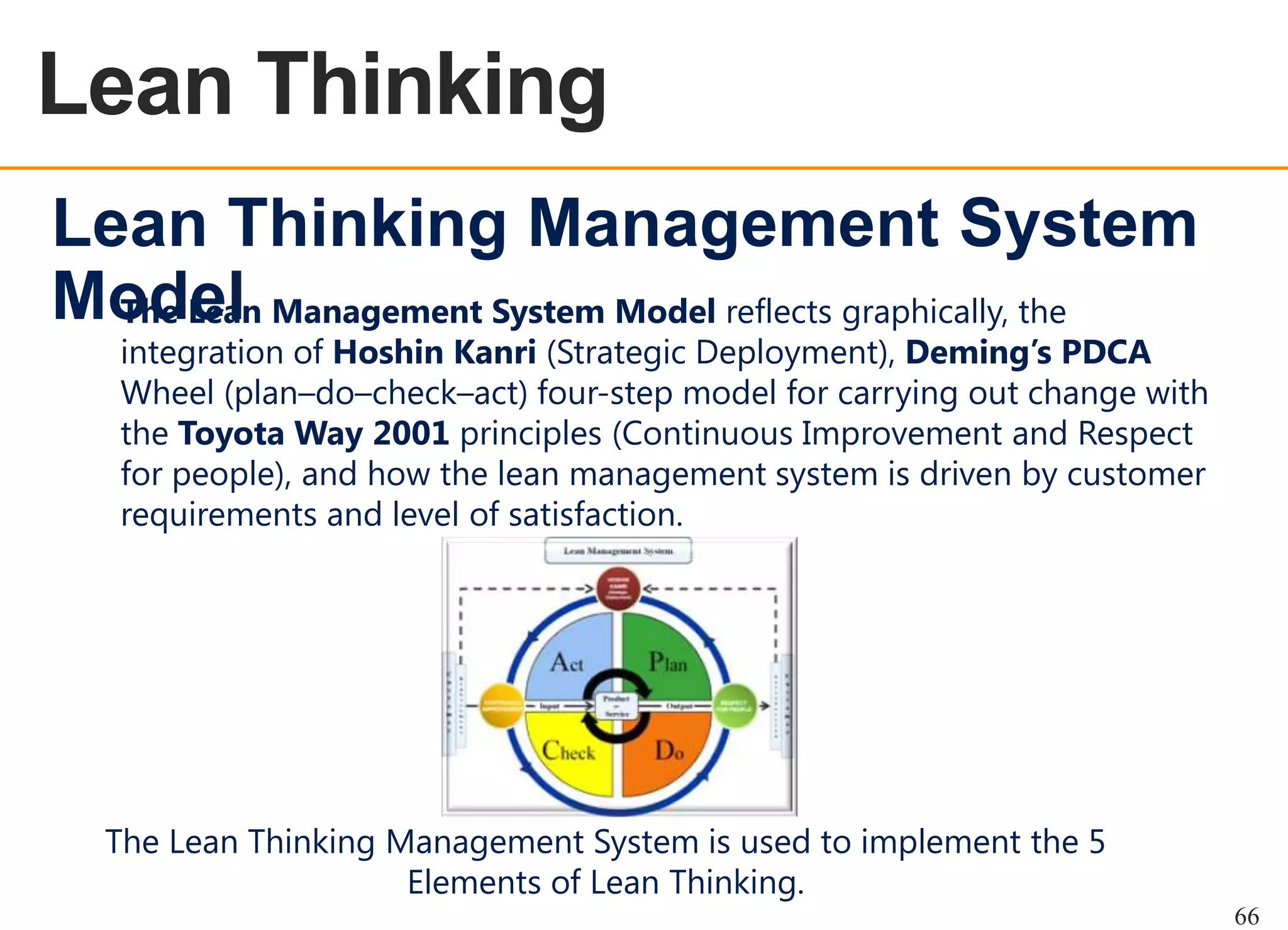 Lean Thinking
OEE OVERVIEW

Lean Thinking Management System
Model Management System Model reflects graphically, the
The Lean

integration of Hoshin Kanri (Strategic Deployment), Deming’s PDCA
Wheel (plan–do–check–act) four-step model for carrying out change with
the Toyota Way 2001 principles (Continuous Improvement and Respect
for people), and how the lean management system is driven by customer
requirements and level of satisfaction.

The Lean Thinking Management System is used to implement the 5
Elements of Lean Thinking.
66

 