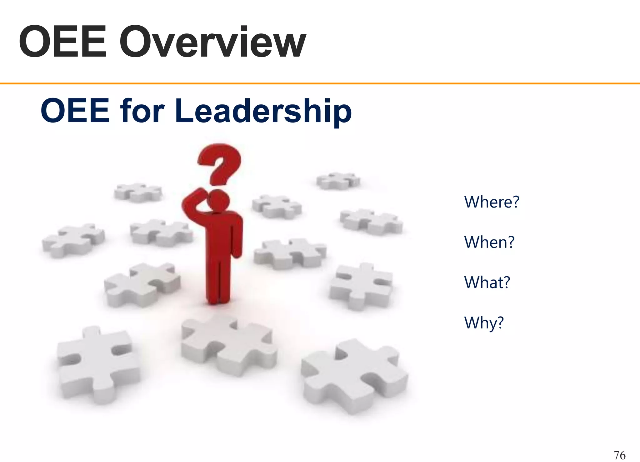 OEE Overview
OEE OVERVIEW

OEE for Leadership
Where?
When?
What?
Why?

76

 