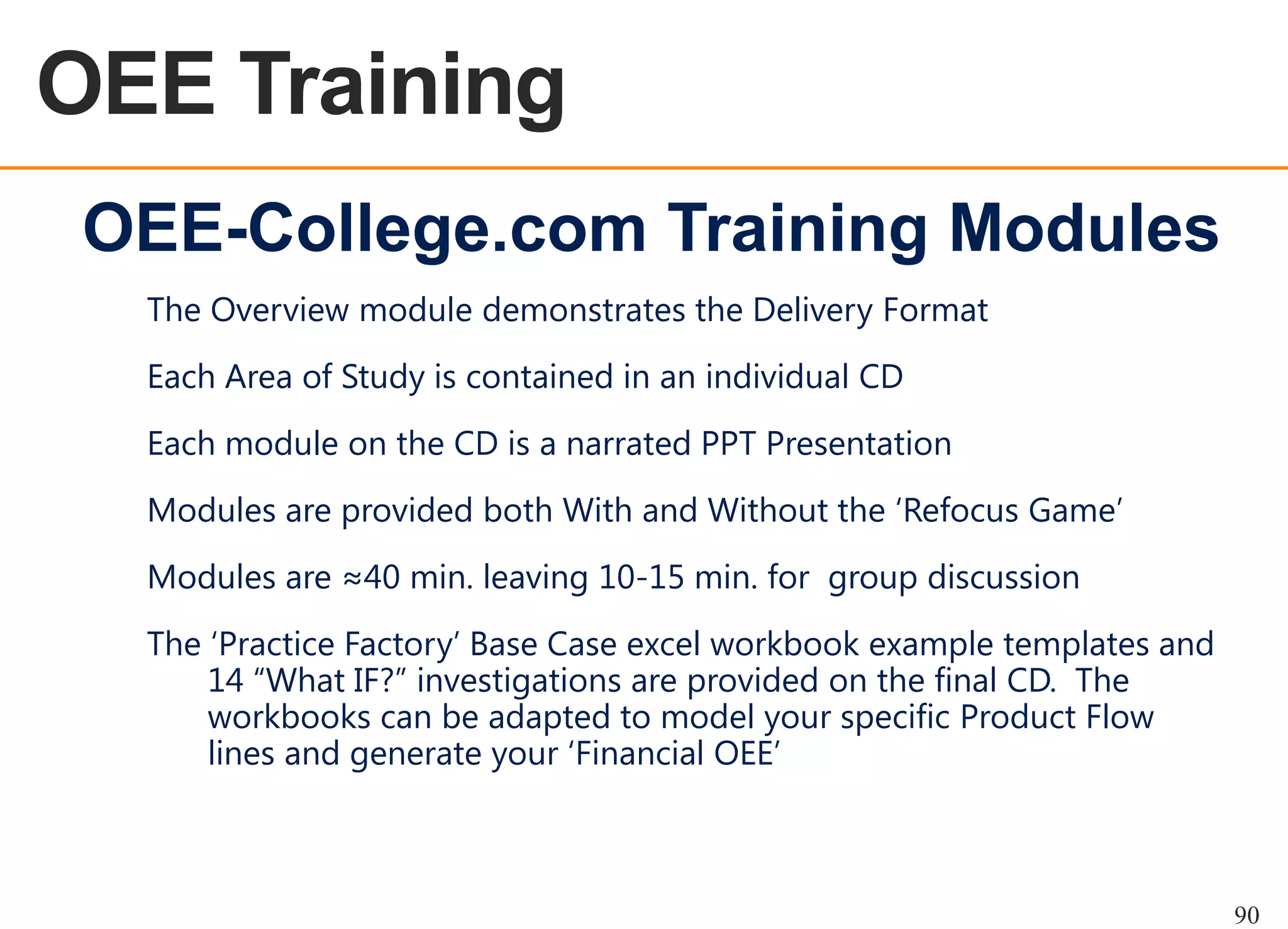 OEE Training
OEE OVERVIEW

OEE-College.com Training Modules
The Overview module demonstrates the Delivery Format

Each Area of Study is contained in an individual CD
Each module on the CD is a narrated PPT Presentation
Modules are provided both With and Without the „Refocus Game‟

Modules are ≈40 min. leaving 10-15 min. for group discussion
The „Practice Factory‟ Base Case excel workbook example templates and
14 “What IF?” investigations are provided on the final CD. The
workbooks can be adapted to model your specific Product Flow
lines and generate your „Financial OEE‟

90

 