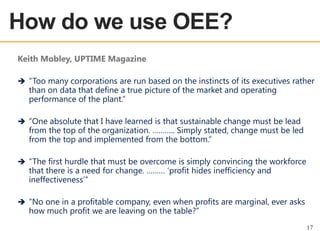 OEE OVERVIEW

How do we use OEE?
Keith Mobley, UPTIME Magazine
 “Too many corporations are run based on the instincts of its executives rather

than on data that define a true picture of the market and operating
performance of the plant.”

 “One absolute that I have learned is that sustainable change must be lead

from the top of the organization. ……….. Simply stated, change must be led
from the top and implemented from the bottom.”

 “The first hurdle that must be overcome is simply convincing the workforce

that there is a need for change. ……… „profit hides inefficiency and
ineffectiveness‟”

 “No one in a profitable company, even when profits are marginal, ever asks

how much profit we are leaving on the table?”

17

 