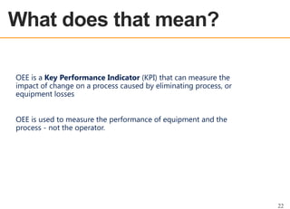 OEE OVERVIEW

OEE is a Key Performance Indicator (KPI) that can measure the
impact of change on a process caused by eliminating process, or
equipment losses
OEE is used to measure the performance of equipment and the
process - not the operator.

22

 