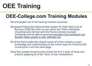 OEE Training
OEE OVERVIEW

OEE-College.com Training Modules
Recommended use of the training modules would be:

Designate Productivity Improvement Leaders for High Value Line of
Business (LOB) flow lines on your plant site. These individuals
should become familiar with the Practice Factory example
workbooks and be able to generate new Base Case workbooks and
Benefits Tables specific to their LOB flow line.
All of the Plant Leadership should review all of the modules to gain
knowledge and understanding of the critical steps for Financial OEE
so everyone is one the same page.
Shop floor people should review at least the first 5 areas of study and
practice applying all of the „Tools‟ at their workstations.

91

 