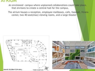 ATRIUM
An envisioned campus where unplanned collaborations could take place,
that envisons to create a central hub for the campus.
The atrium houses a reception, employee mailboxes, cafe, foosball, fitness
center, two 40-seat(max) viewing rooms, and a large theater
 