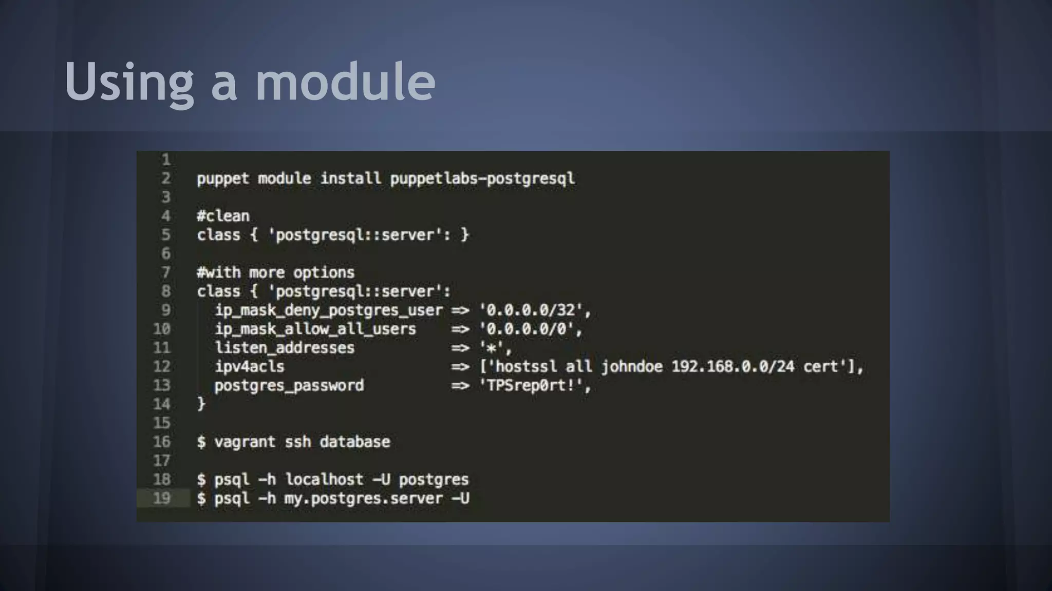 You need a manifest file
Puppet language files are called "manifests"
manifests/config.pp
 