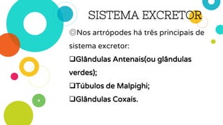 SISTEMA EXCRETOR
◎Nos artrópodes há três principais de
sistema excretor:
Glândulas Antenais(ou glândulas
verdes);
Túbulos de Malpighi;
Glândulas Coxais.
 