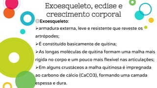 Exoesqueleto, ecdise e
crescimento corporal
◎Exoesqueleto:
armadura externa, leve e resistente que reveste os
artrópodes;
É constituído basicamente de quitina;
As longas moléculas de quitina formam uma malha mais
rígida no corpo e um pouco mais flexível nas articulações;
Em alguns crustáceos a malha quitinosa é impregnada
ao carbono de cálcio (CaCO3), formando uma camada
espessa e dura.
 