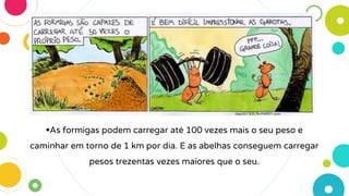 As formigas podem carregar até 100 vezes mais o seu peso e
caminhar em torno de 1 km por dia. E as abelhas conseguem carregar
pesos trezentas vezes maiores que o seu.
 