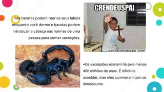 As baratas podem roer os seus lábios
enquanto você dorme e baratas podem
introduzir a cabeça nas narinas de uma
pessoa para comer secreções.
Os escorpiões existem há pelo menos
400 milhões de anos. É difícil de
acreditar, mas eles conviveram com os
dinossauros.
 