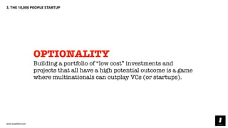 OPTIONALITY
Building a portfolio of “low cost” investments and
projects that all have a high potential outcome is a game
w...