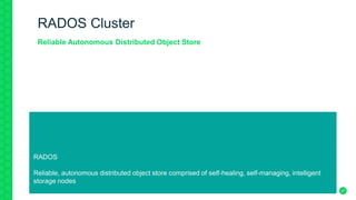 27
RADOS Cluster
Reliable Autonomous Distributed Object Store
MM M
RADOS
Reliable, autonomous distributed object store comprised of self-healing, self-managing, intelligent
storage nodes
 
